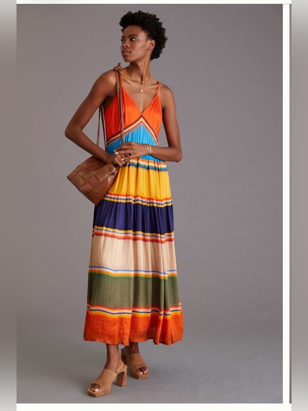 Boho Multicolor Stripe Maxi Dress with Spaghetti Straps - Orange, Blue, Yellow